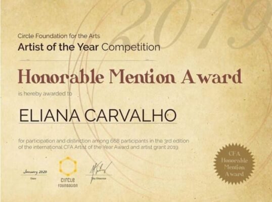 Certificado de Menção Honrosa da Circle Foundation for the Arts concedido a Eliana Carvalho