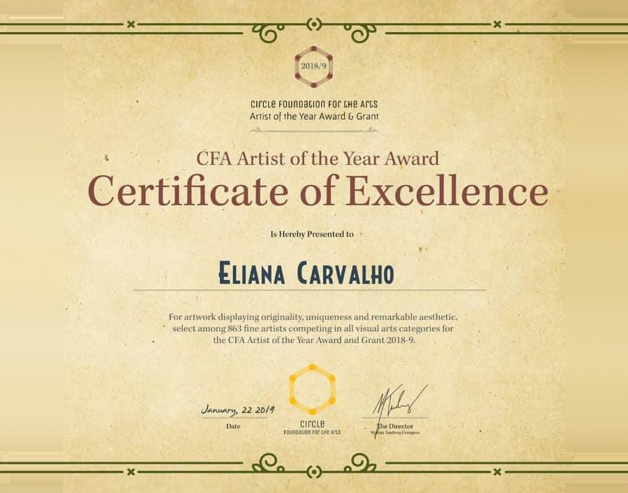 Certificado de Excelência da Circle Foundation for the Arts concedido a Eliana Carvalho