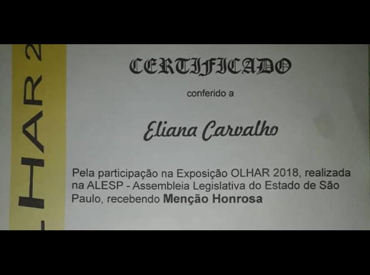 Certificado conferido a Eliana Carvalho pela participação na Exposição OLHAR 2018, realizada na ALESP