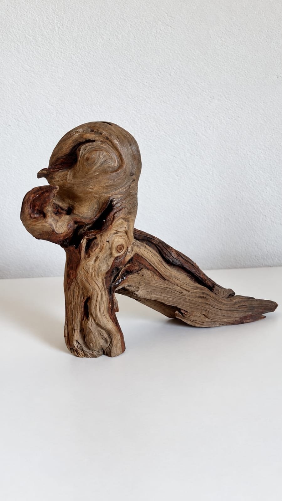 Escultura de madeira em um fundo branco da Exposição Devoção em Atos de Fé